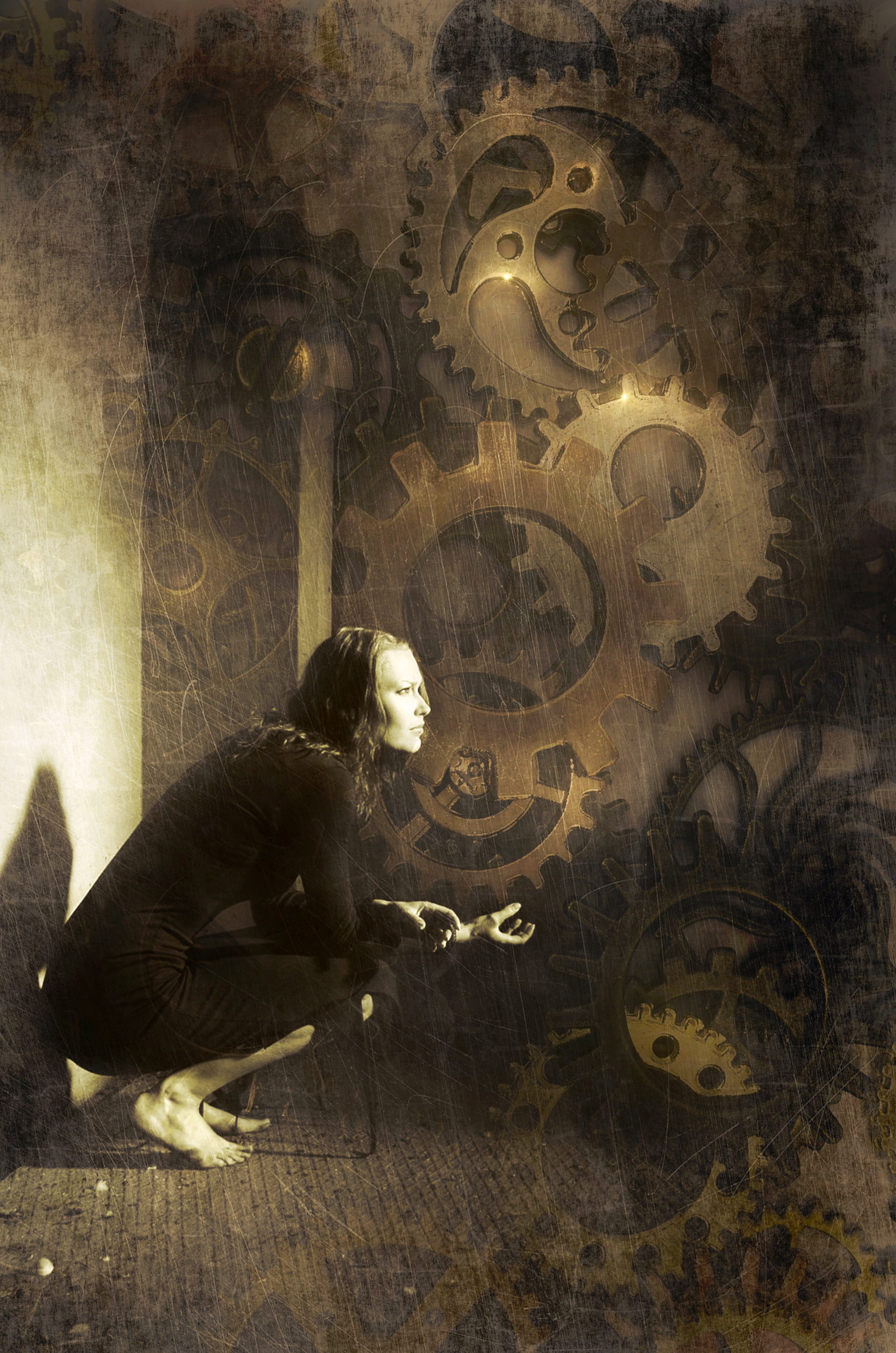 woman wearing gray long sleeved dress inside a mechanism fantasy 2k