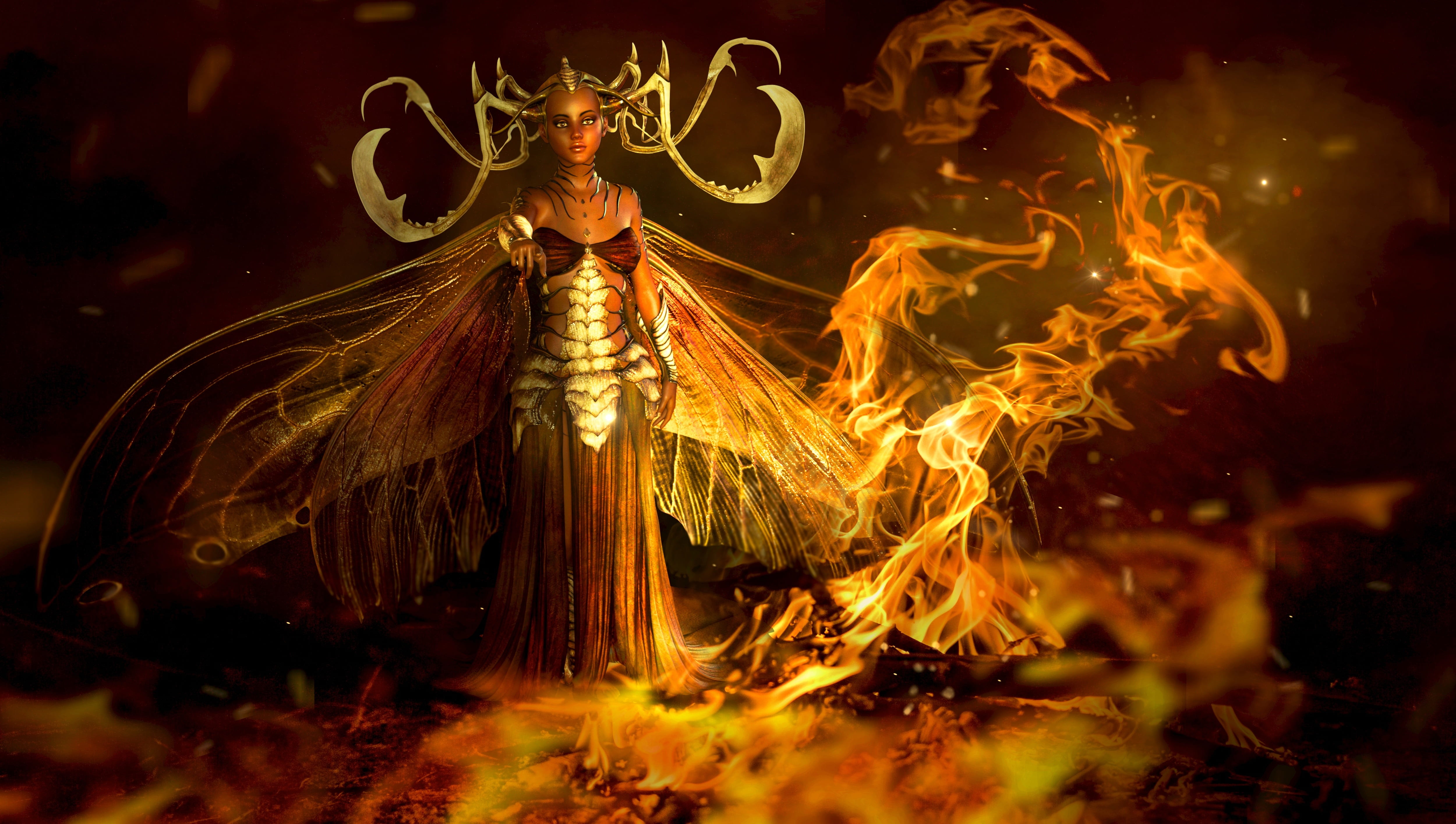 woman with wings fantasy fire fee elf mystical surreal 2k 4k 5k