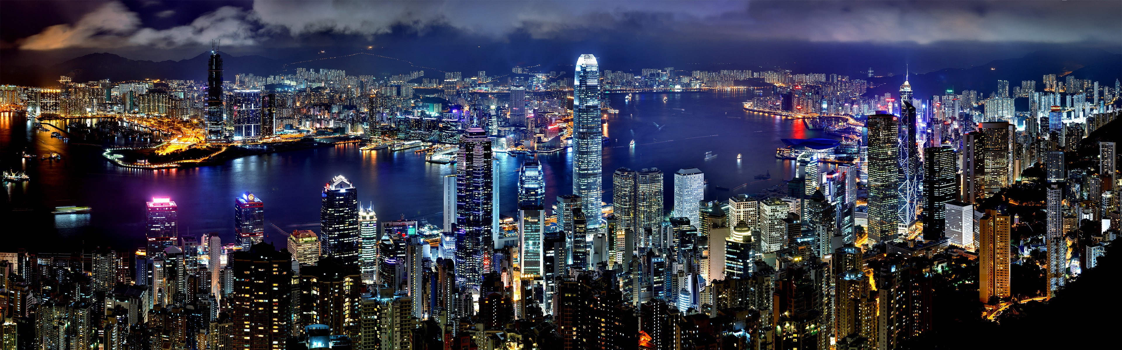 city establishments Hong Kong night harbor skyscraper building widescreen dualmonitor dualscreen 2k 4k