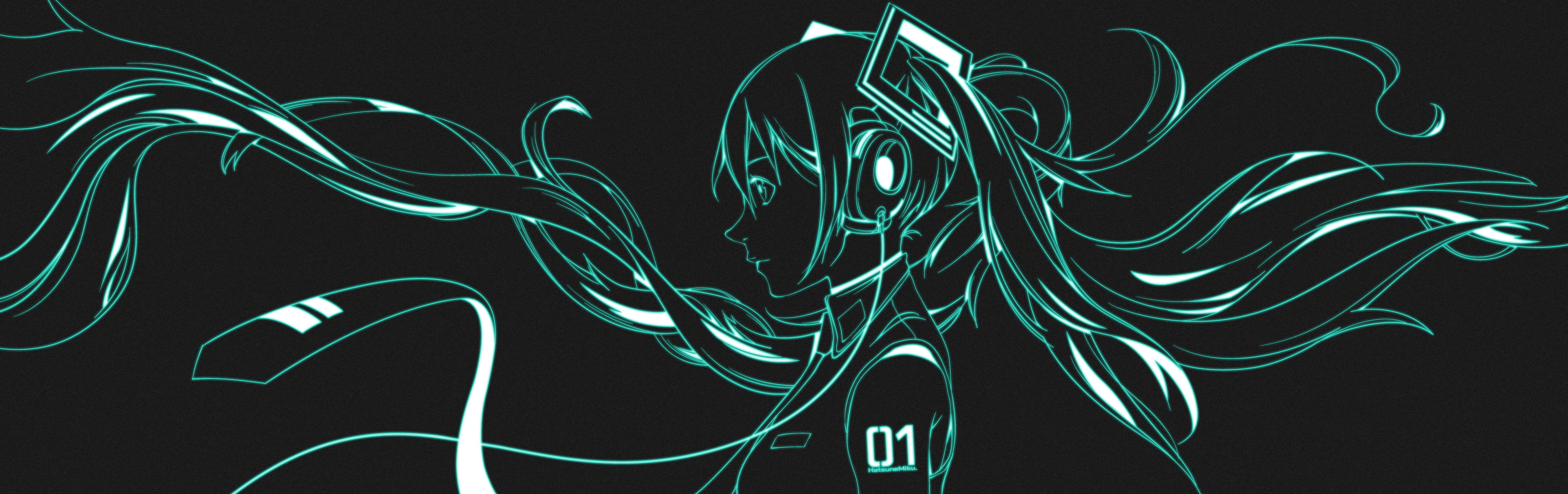digital art Hatsune Miku headphones Vocaloid twintails widescreen dualmonitor dualscreen 2k 4k