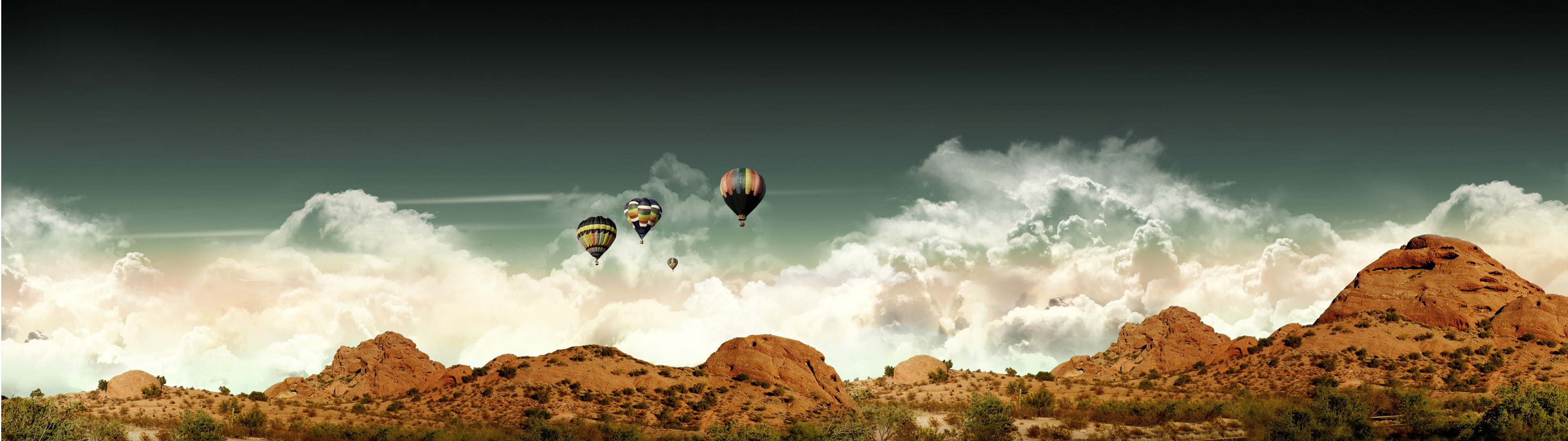 dual monitors multiple display hot air balloons mountains clouds desert landscape widescreen dualmonitor dualscreen 2k 4k