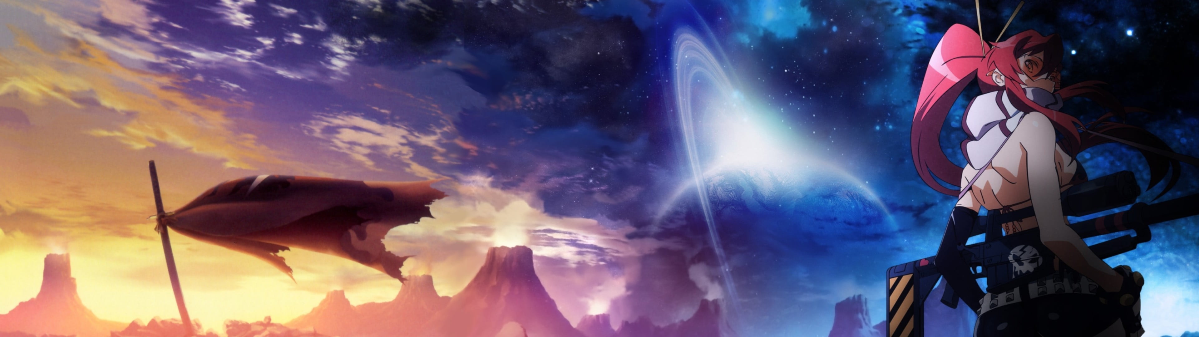 female anime character illustration dual monitors Tengen Toppa Gurren Lagann widescreen dualmonitor dualscreen 2k 4k