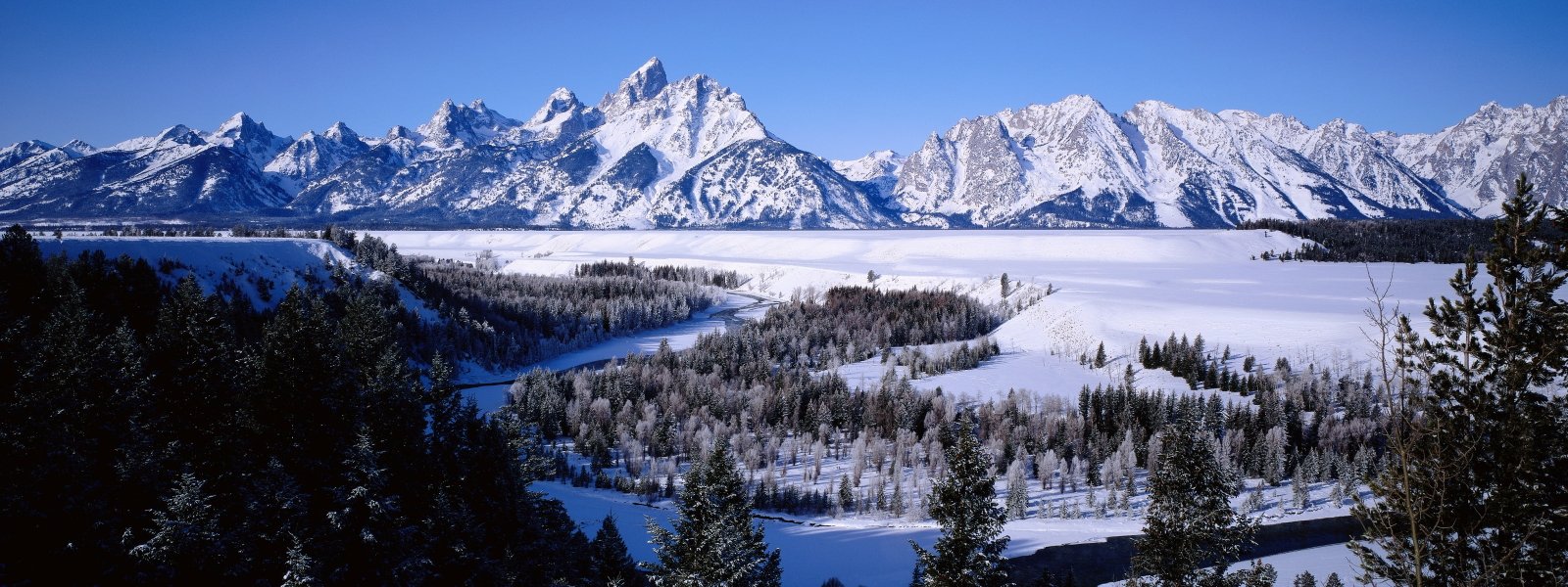 mountains landscapes winter snow forest wyoming tetons dual monitor Nature Winter HD Art widescreen dualmonitor dualscreen 2k