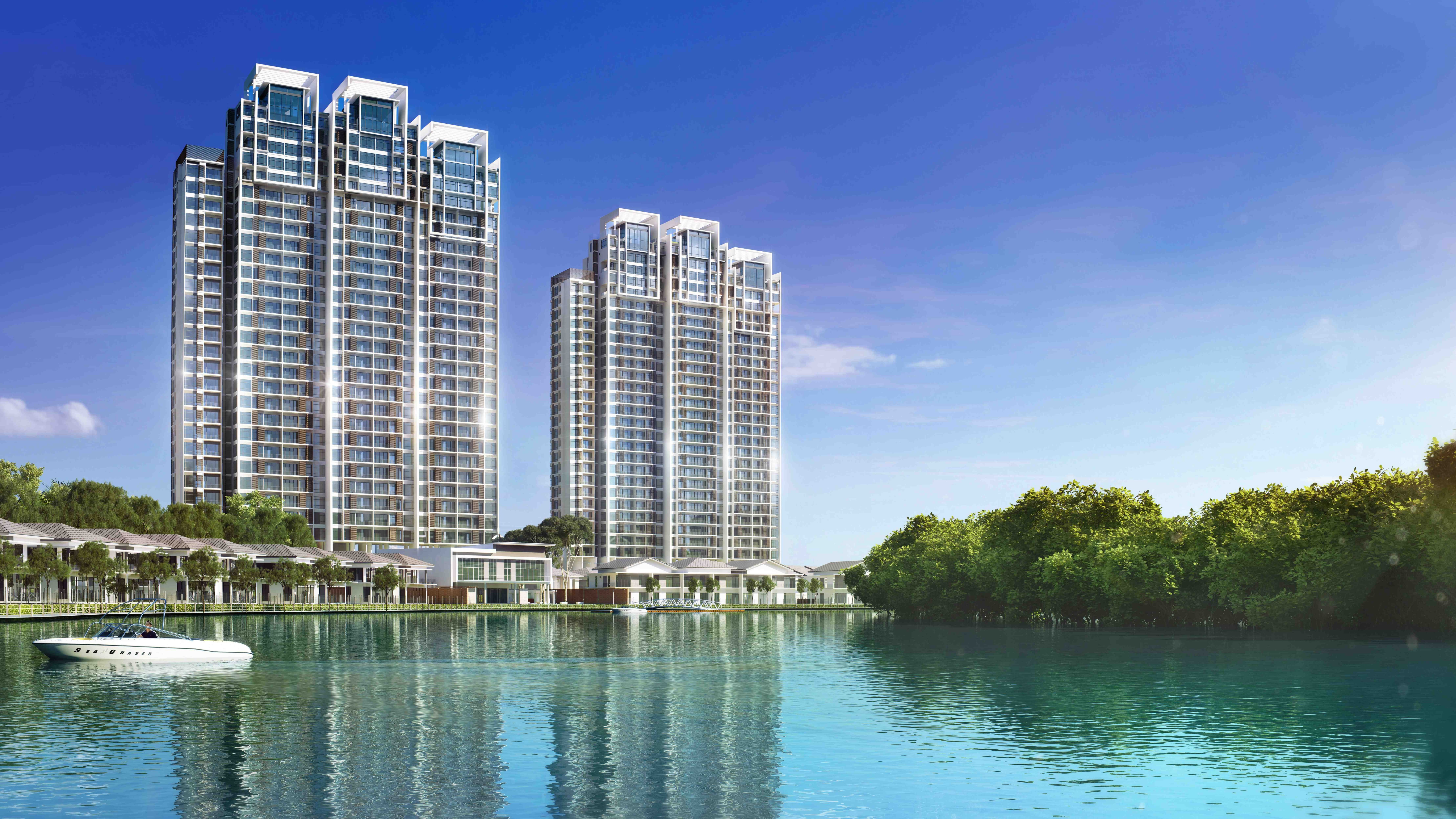 tower block apartment waterway masai malaysia uhd daytime 2k 4k 5k 8k