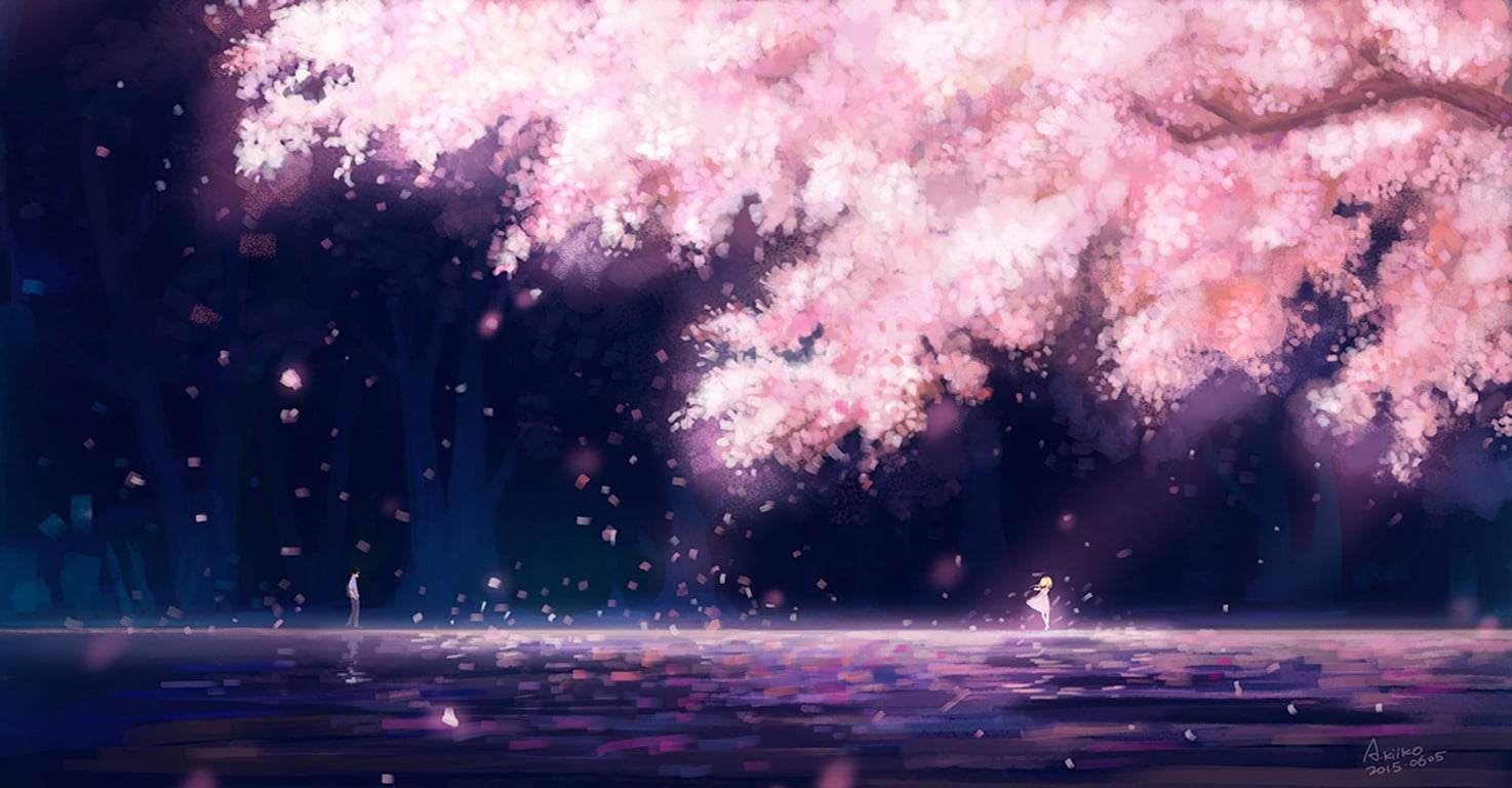 cherry blossom illustration anime girls trees Shigatsu wa Kimi no Uso 63