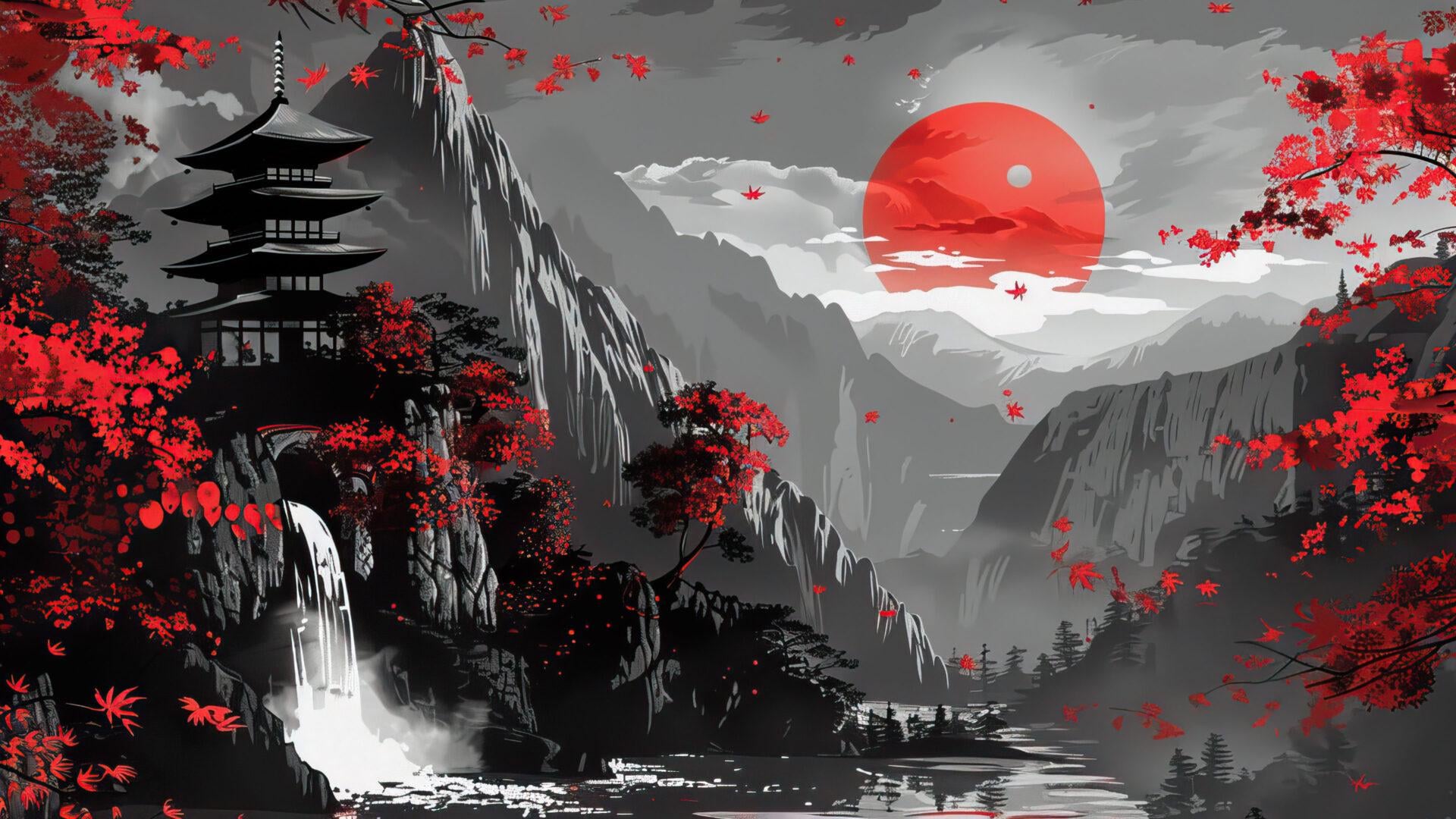 Japanese Pagoda Waterfall Scenery 2k