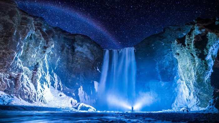 person waterfall night 2k