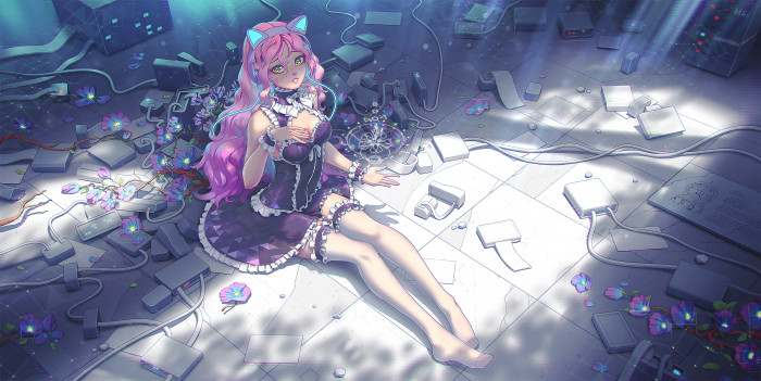 anime cat girl flowers cyber cybergirl 2k 4k 5k