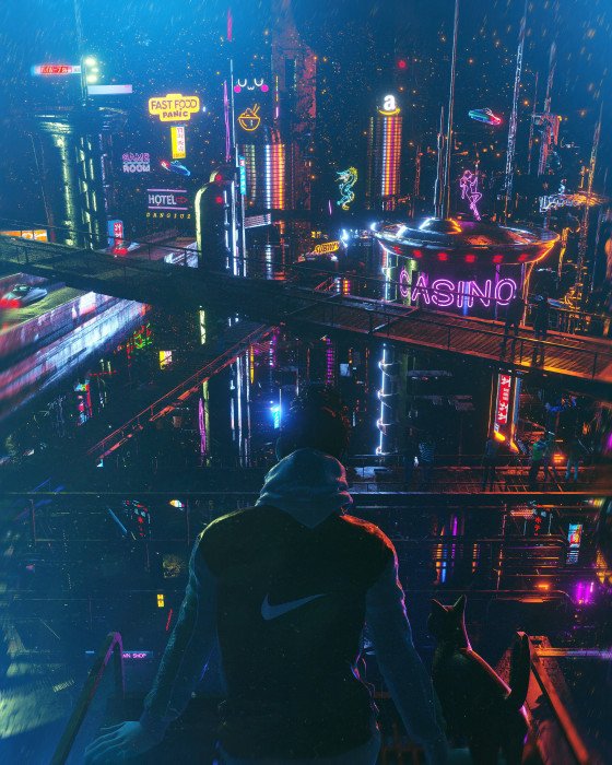 artwork digital art cyber city cyberpunk cats