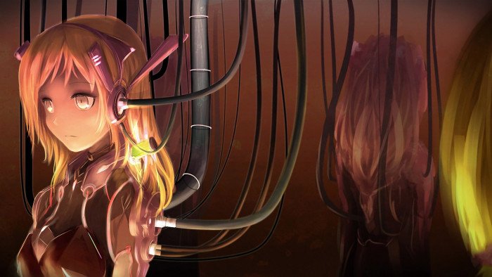 brown haired female anime character girls cyber indoors