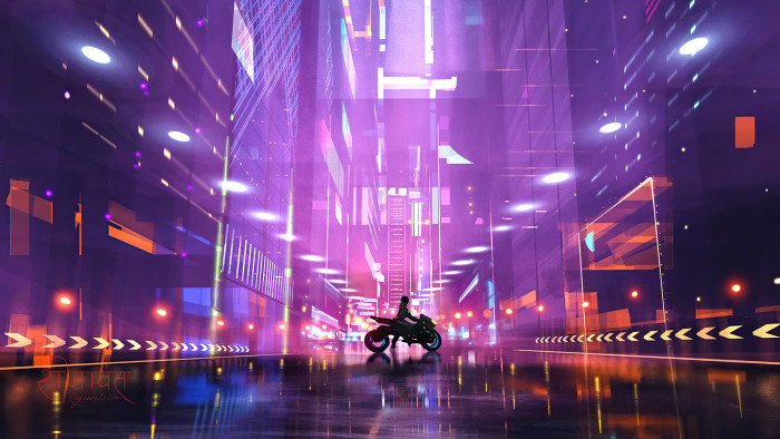 cyber Cyberpunk motorcycle night digital art 2k