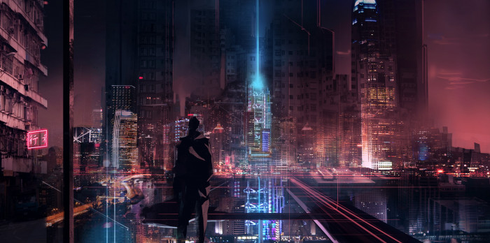 cyberpunk skyscraper glowing futuristic city silhouette 2k