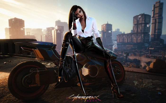 cyberpunk women face bycicle sword katana city sitting 2k