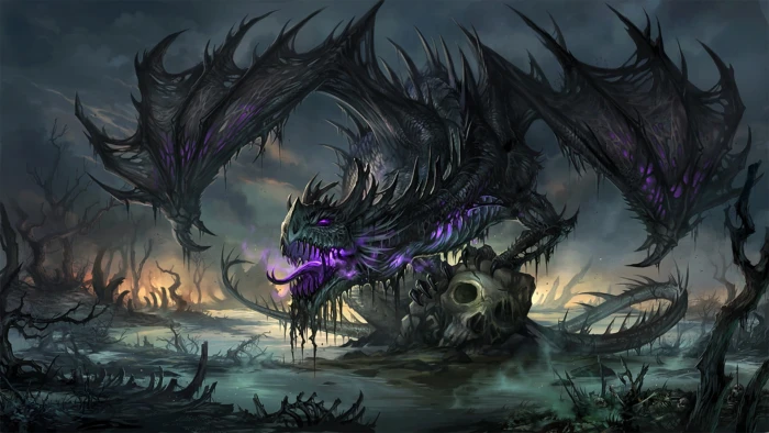 black dragon painting and purple digital wallpaper