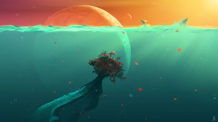 bleu body of water illustration red tree under 2k