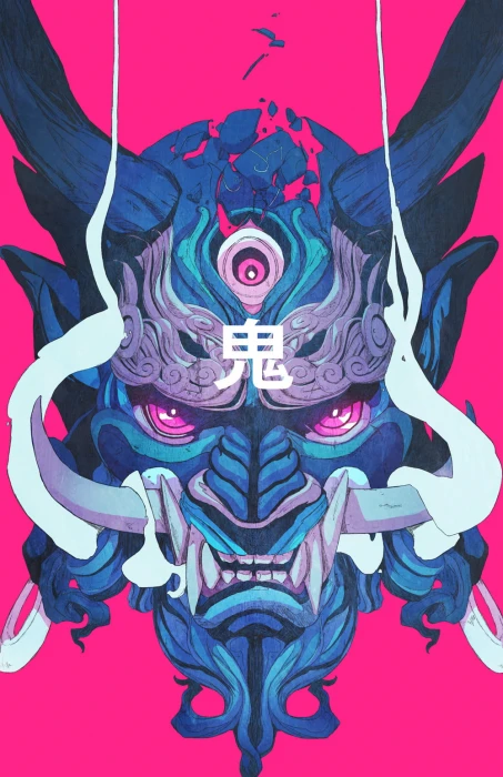 blue and gray oni mask digital wallpaper demon samurai Chun Lo