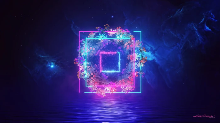 digital art artwork blue purple lights flowers