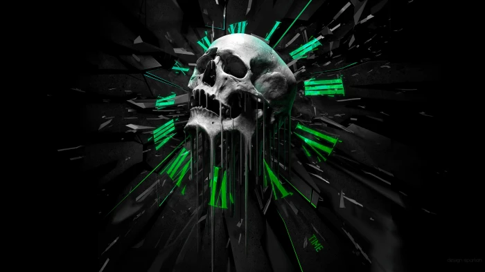 illustration of skull abstract clocks black background digital art 2k