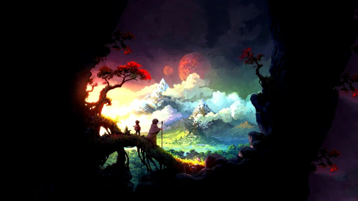 mountain and clouds digital wallpaper two anime character standing on wood branch facing red moon illustration 42