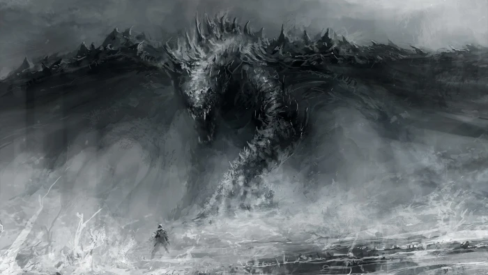 sea dragon illustration painting of gray and white monochrome