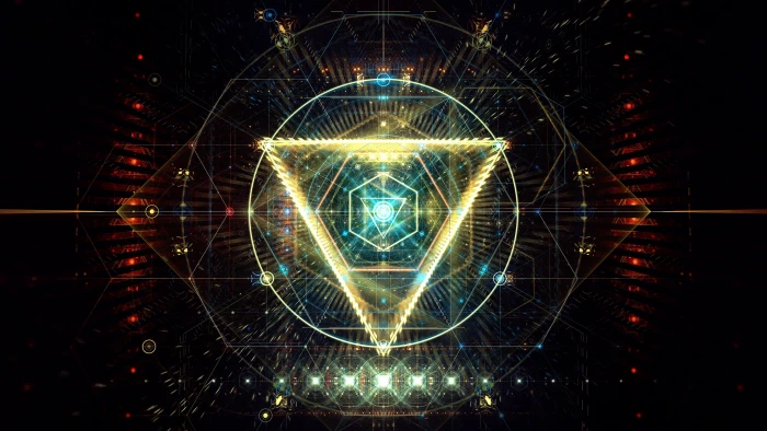 yellow and blue triangle wallpaper abstract digital art illuminated 2k