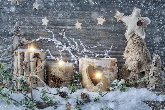 beige wooden Christmas decoration snow candles New Year vintage 2k 4k 5k