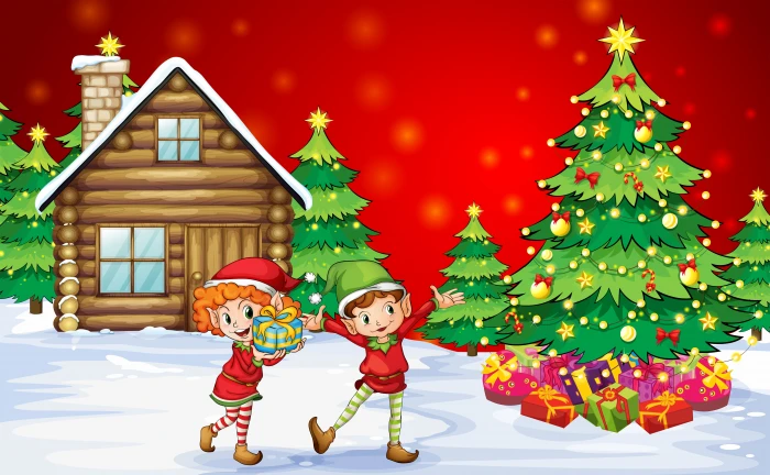 Christmas tree and house beside elf wallpaper snow happiness 2k 4k 5k