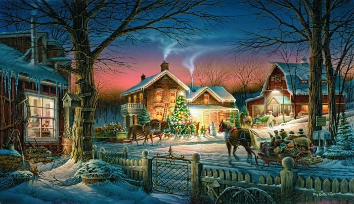 Christmas village painting winter the sky snow trees holiday 2k