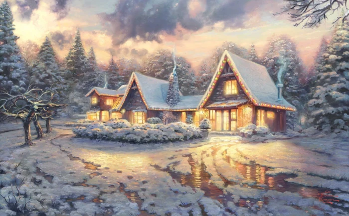 illustration of cabin covered with snow winter light clouds 2k