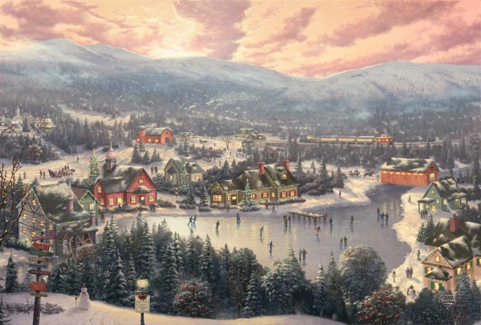 people on ice lake surrounded by trees painting winter forest 2k