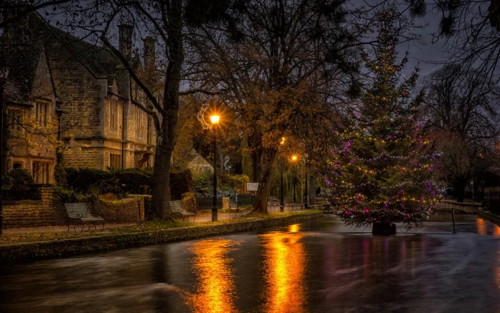 Houses trees lights river New Year Christmas