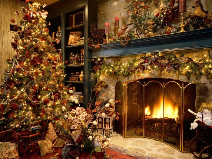 new year christmas fireplace fur tree cosiness