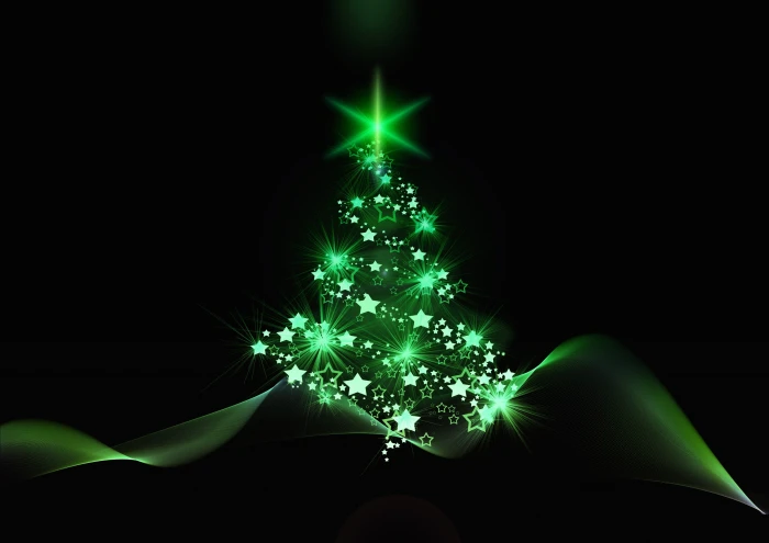 green Christmas tree star digital wallpaper art abstract backgrounds 2k