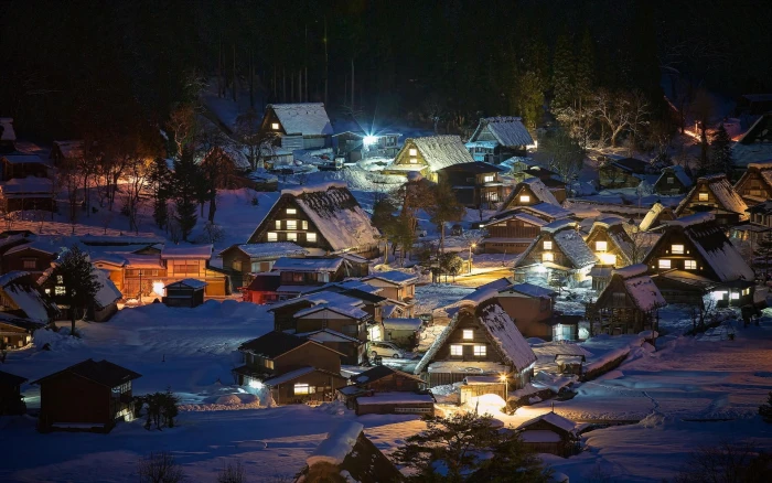 brown and white houses landscape nature village lights Japan