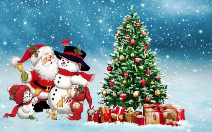 Merry Christmas Santa Snowman Winter Tree Ornaments Gifts Festive Background Hd