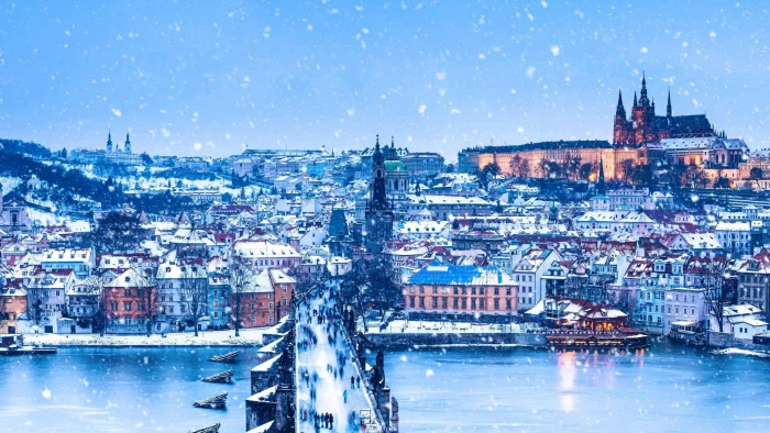 winter river Prague Czech Republic Christmas panorama