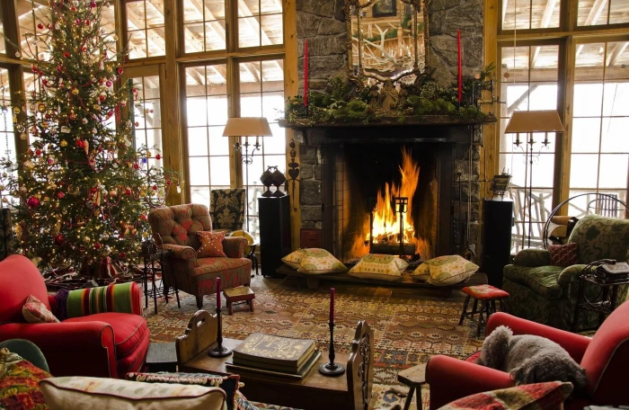 brown fireplace christmas home comfort armchairs indoors