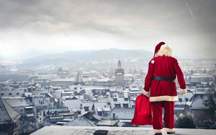 Santa Claus costume Christmas New Year rooftops city architecture 2k