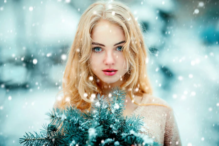 women face blonde portrait blue eyes snow depth of field 2k