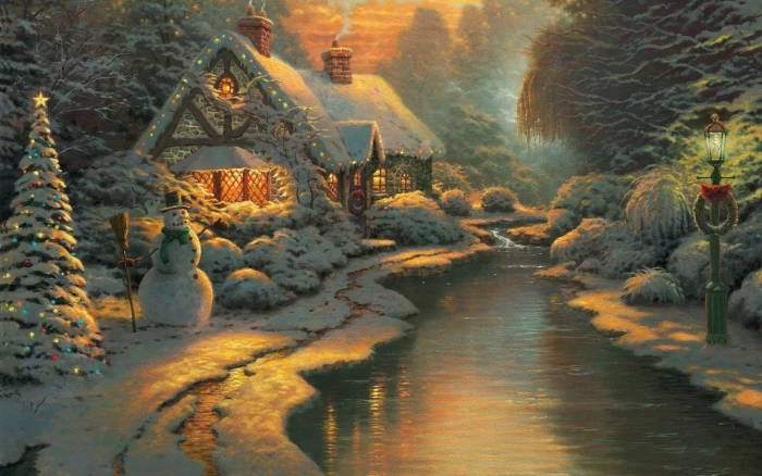 Christmas Tree cottage snowman painting postcard stream