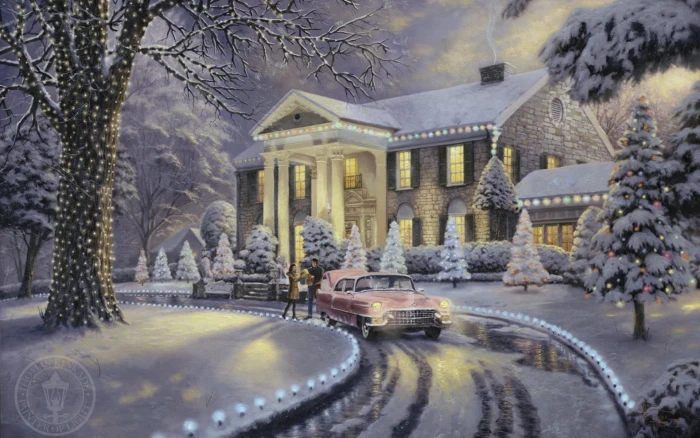 pink Chevy Bel Air frost car machine snow lights house