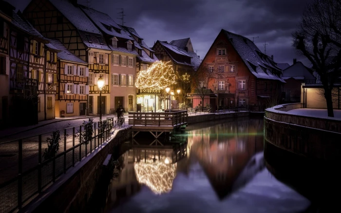 brown houses illustration landscape nature city canal winter
