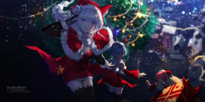 white haired woman digital wallpaper Christmas cleavage Emilia Re Zero 2k