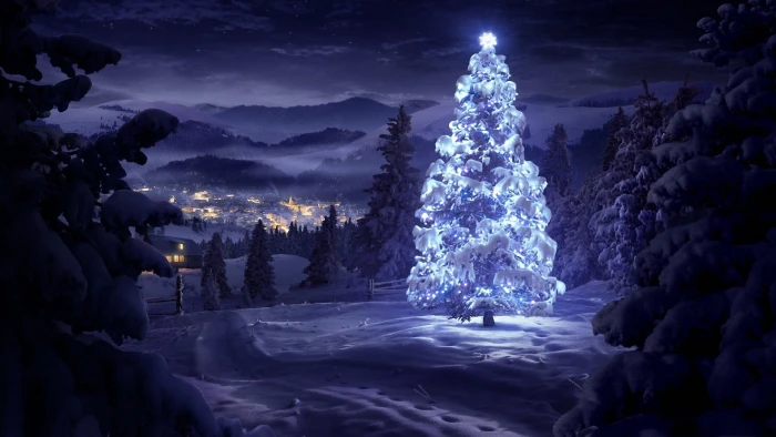 Christmas mountains trees landscape snow pine night