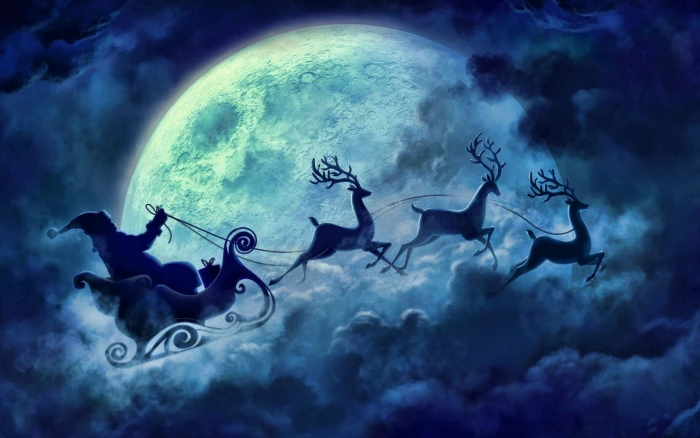 Santa Claus and reindeer illustration deer during full moon digital wallpaper