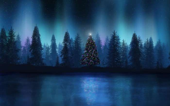 green pine trees landscape Christmas Tree aurorae forest
