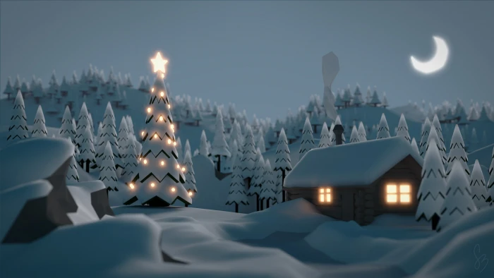 winter snow digital art hut Moon Christmas trees 2k