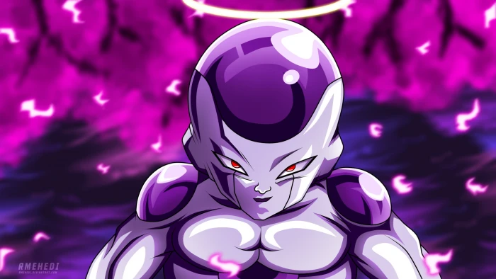 Dragon Ball Super Frieza celebration purple focus on foreground