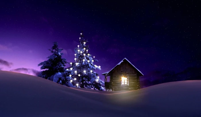 Holiday Christmas Cabin Light Night Snow Tree Winter