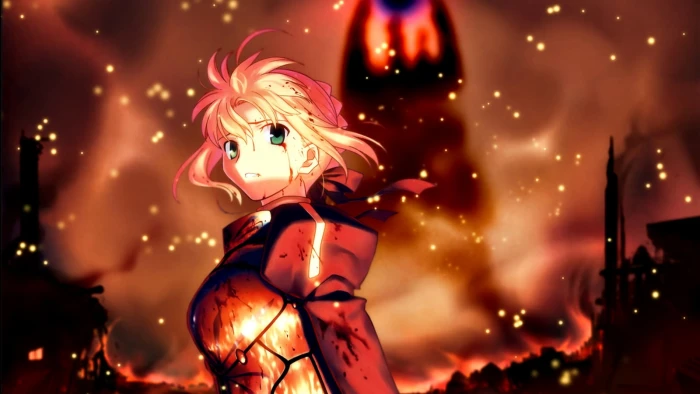 red haired female anime character surrounded with flame digital wallpaper